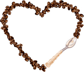 Heart frame shaped coffee beans with spoon