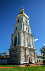 Fototapeta na wymiar View on bell tower of Saint Sophia Cathedral and bell tower in Kiev is an outstanding architectural monument of Kievan Rus. inscribed on the World Heritage List