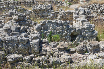 The ruins of the ancient city. Russia, the Republic of Crimea, the city of Sevastopol. 11.06.2018: The ruins of the ancient and medieval city of Chersonese Tauride