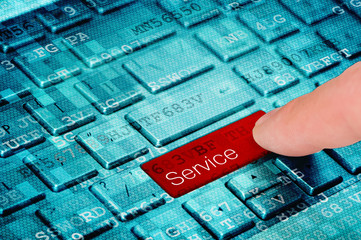 A finger press red Service button on blue digital laptop keyboard