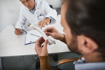 Obraz premium Top view of man holding ridge and carefully looking at it. Focus on plastic sample of the spine