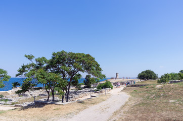 Fototapeta premium The ruins of the ancient city. Russia, the Republic of Crimea, the city of Sevastopol. 11.06.2018: The ruins of the ancient and medieval city of Chersonese Tauride