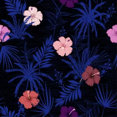 Foto op Plexiglas anti-reflex Dark forest  Hawaii print vector seamless beautiful artistic Bright summer tropical pattern with exotic forest. Colorful original stylish floral hibiscus mix with leaves © MSNTY_STUDIOX