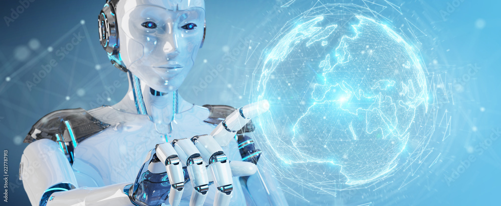 Leinwandbilder white robot woman using digital sphere connection hologram 3d rendering