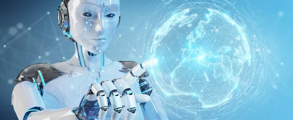 Fotobehang White robot woman using digital sphere connection hologram 3D rendering © sdecoret