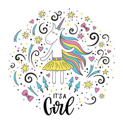 Doodle unicorn with It's a Girl Lettering