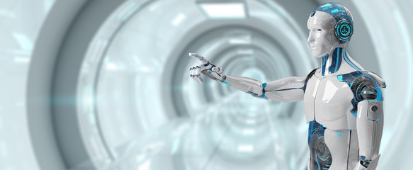 White male cyborg pointing his finger 3D rendering