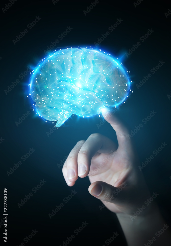 Poster businesswoman using digital 3d projection of a human brain 3d rendering