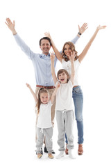 Fototapeta na wymiar Happy family with raised hands