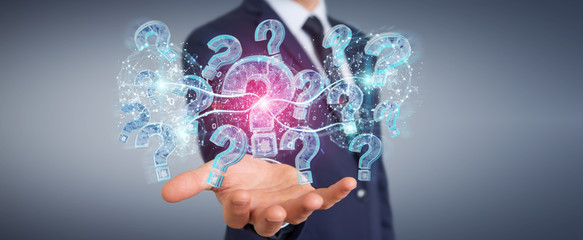 Businessman solving problem with digital question marks 3D rendering