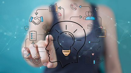 Businesswoman protecting her datas with thin line security interface