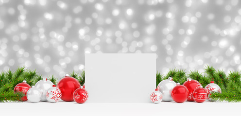 Blank Christmas card laying on red baubles and gift 3D rendering