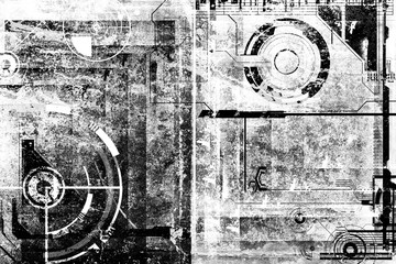 Abstract grunge futuristic cyber technology background. Sci-fi circuit design. Blueprint on old grungy surface. Futuristic technology design. Cyber punk vintage illustration