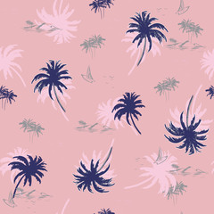 Summer sweet color hand drawn group of dark  blue palm trees on little island with boat seamless pattern