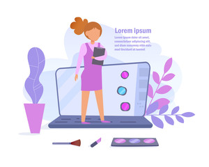 Concept of online video blog. Training Vlogger Vector. Cartoon. Isolated art on white background. Flat