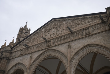 Fototapeta na wymiar Palermo, Italy - September 07, 2018 : View of Palermo cathedral portico by Domenico and Antonello Gagini.