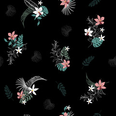 Obraz premium A dark Tropical forest with blooming flowers palm leaves,with outline Exotic leaves seamless vector floral pattern