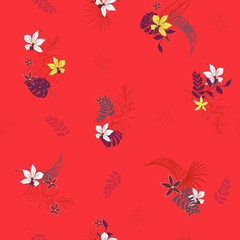 Beautiful summer Bright Tropical with flowers palm leaves,with outline Exotic  leaves seamless