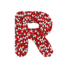 pills letter R - Uppercase 3d pharmaceutical font - therapy, laboratory or healthcare concept