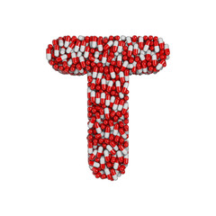 pills letter T - Uppercase 3d pharmaceutical font - therapy, laboratory or healthcare concept