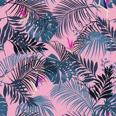 Naklejka premium Trendy and beautiful fresh summer tropical forest leeves and flowers seamless vector pattern on sweet pink colorful for fashion