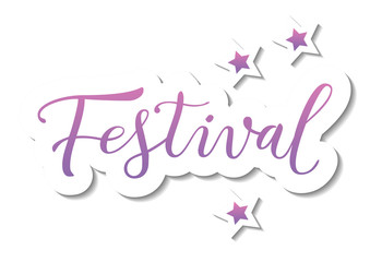 Modern calligraphy lettering of Festival in purple pink with white outline and shadow in paper cut style on white background for banner, poster, advertising, event, invitation, holiday, Holi festival