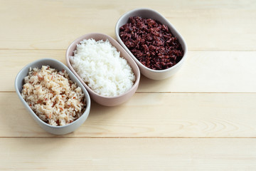 Three kinds of cooked rice in ceramic bowl