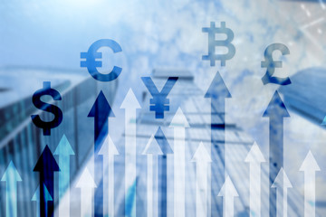 Double exposure business and financial concept. Currency growth arrows. Stock trading and forex.