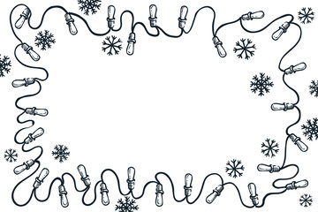 Garland lights, snowflakes border frame, vector sketch illustration. Christmas, New Year simple greeting card background