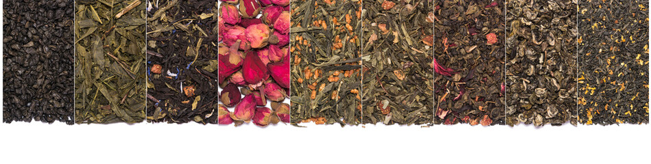Set of dry herbal and floral tea. Green, black, composition teas isolated on white background.