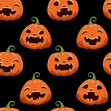 Seamless pattern with different Halloween pumpkins on black background. Vector illustration. For scrapbooking, gifts, fabrics, textile, background. Jack head.