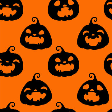 Seamless pattern with black silhouettes of different Halloween pumpkins on orange background. Vector illustration. For scrapbooking, gifts, fabrics, textile, background. Jack head.