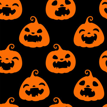 Seamless pattern with orange silhouettes of different Halloween pumpkins on black background. Vector illustration. For scrapbooking, gifts, fabrics, textile, background. Jack head.