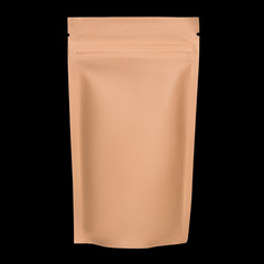 Blank brown kraft paper bag with zipper isolated on black background