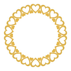 Round frame of golden shiny hearts on a white background.