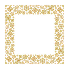 Christmas frame with gold snowflakes. Border of sequin confetti. Glitter powder sparkling background