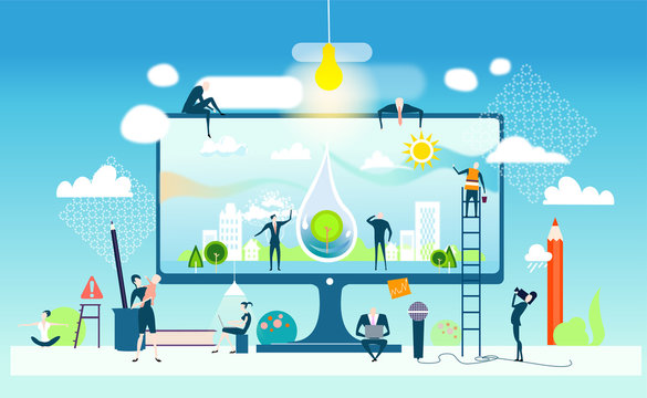 Business concept illustration. Business people working together panning healthy environment in future.