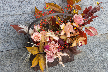 Beautiful fall wedding bouquet in basket