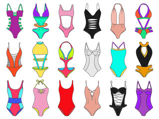 Fototapeta na wymiar Doodle bikini swimming suits set women cloth sketch pencil color