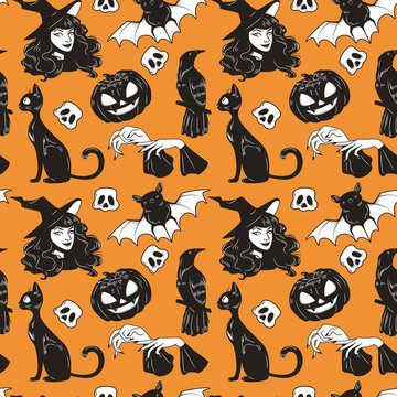 Vector seamless pattern with Halloween cute hand drawn elements set. Texture for wallpapers, pattern fills, web page backgrounds