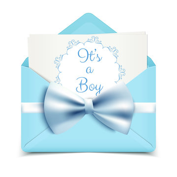 It's a boy baby shower cute card invitation with blue envelope and decorative bow, vector illustration