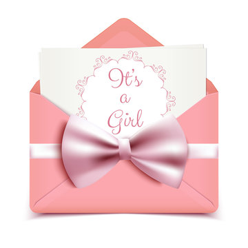 It's a girl baby shower cute card invitation with pink envelope and decorative bow, vector illustration