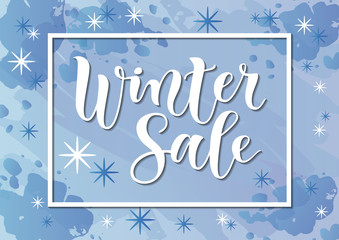 Fototapeta na wymiar Modern calligraphy lettering of Winter Sale in white and pink with blue outline on blue watercolor background with snowflakes for advertising, flyer, poster, banner, shop, catalogue