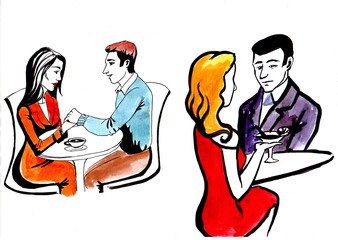 Date, caffe, appointment, pair, comix style illustration, people, couple