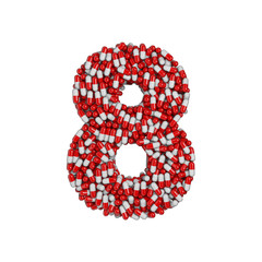 pills number 8 -  3d pharmaceutical digit - therapy, laboratory or healthcare concept