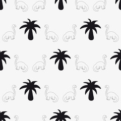 Seamless patterns consist of palm trees and repeating dinosaurs.