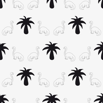 Seamless patterns consist of palm trees and repeating dinosaurs.