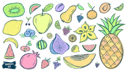 Fruits doodles set. Tropical fruit. Summer. Berry. Scribble collection. Retro sketches. Grape. Blueberry. Carambola. Watermelon. Pineapple. Strawberry. Figs. Kiwi. Melon. Citrus. Smoothie.