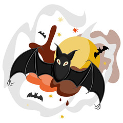 black bat vampire bat flies against the full moon, stars and clouds
