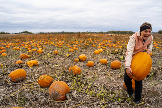 Adult woman (30s) attempts and struggles to lift and to pick up a giant pumpkin from a pumpkin patch. Smiling and laughing and having fun. Left aligned for copy space